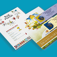 Sample printed marketing materials, including a postcard and flyer